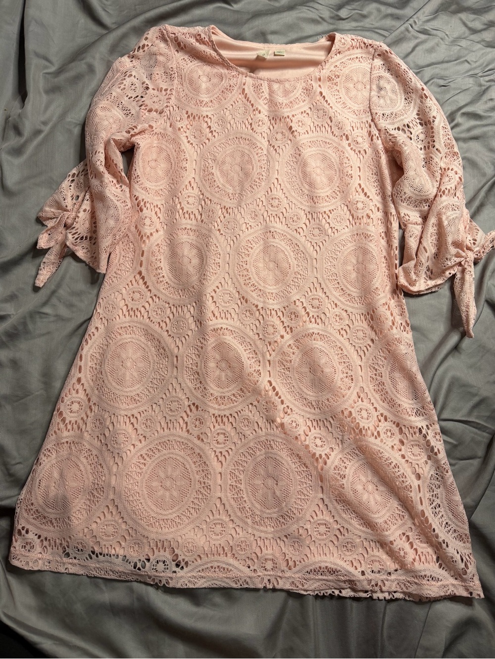 Tacera Pale Pink Lace Midi Dress with Tie Sleeves